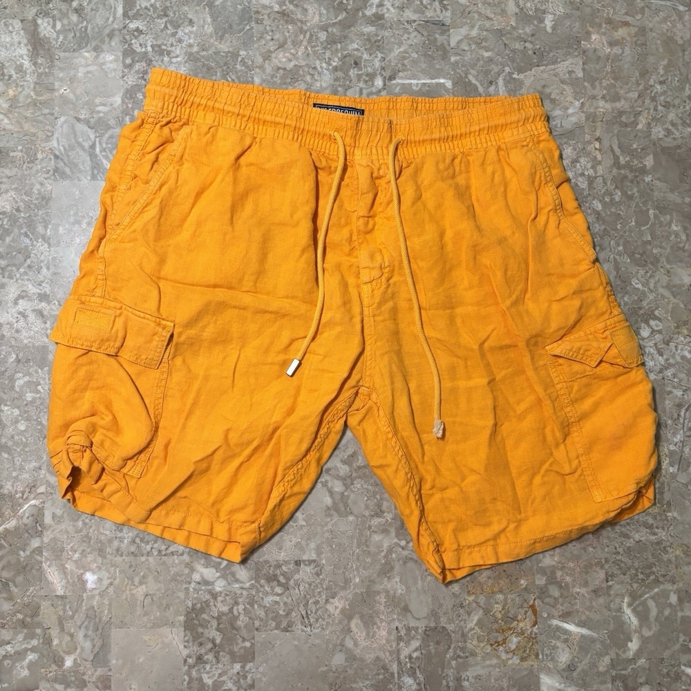 Vilebrequin Shorts Mens XL Orange 100% Linen Cargo Drawstring Beach Resort